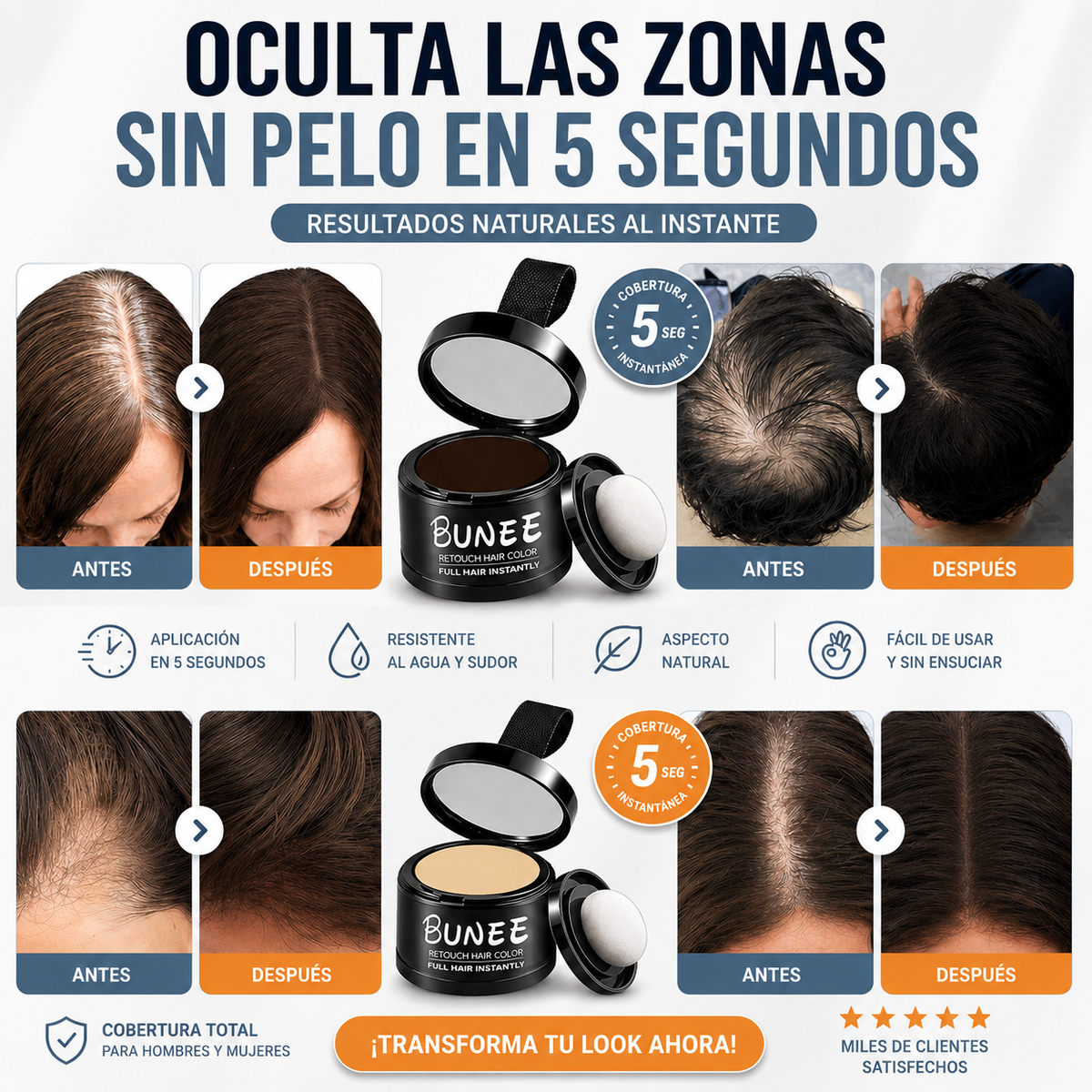 Polvo voluminizador corrector para el cabello, barba, cejas