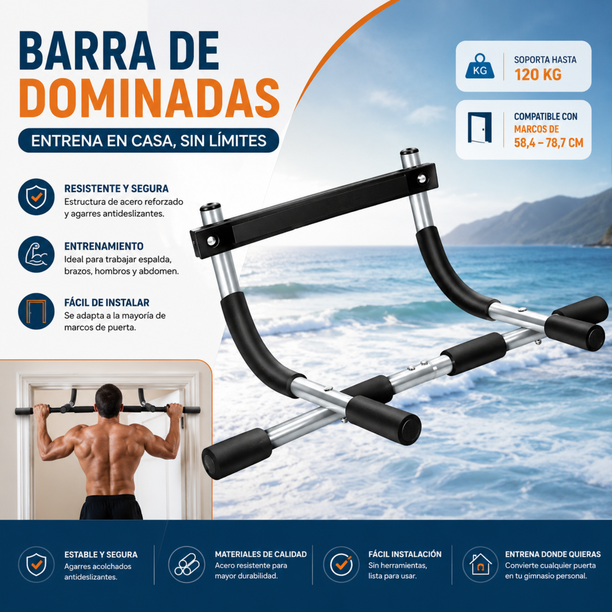 Barra de entrenamiento 4 en 1. Barra dominadas. Barra Push Up. Barra fondos. Abdominales