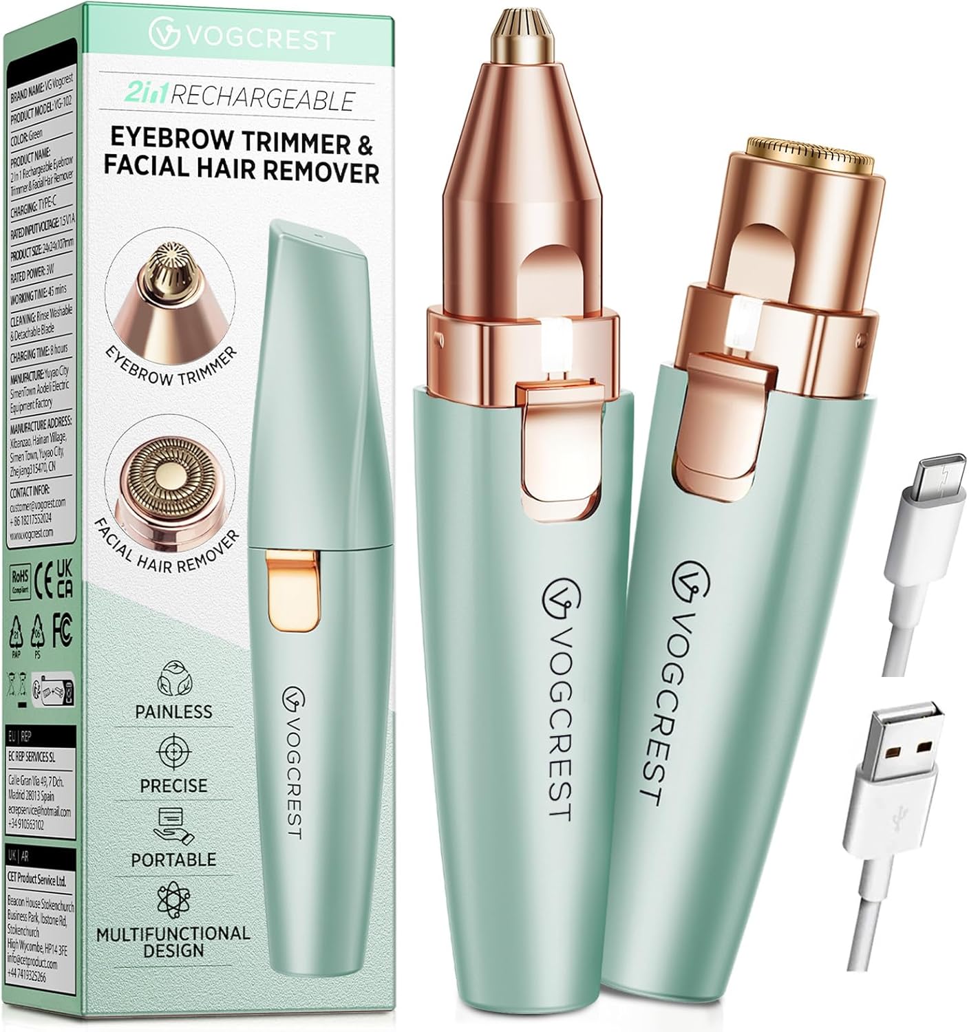 Recortador facial de cejas: 2 en 1, recargable, depilación facial y afeitadora de cejas, labios y cuerpo, con luz LED integrada (Verde)