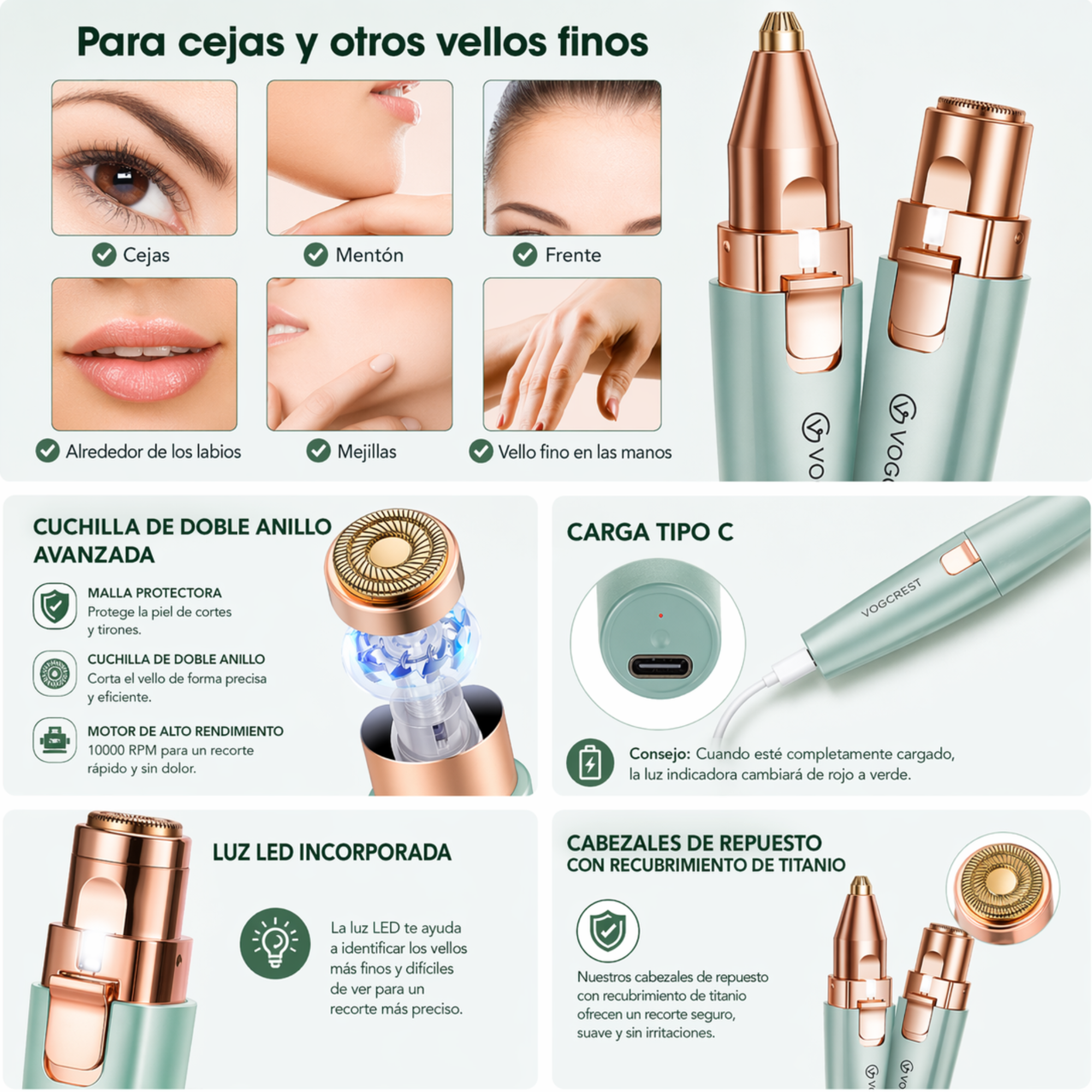 Recortador facial de cejas: 2 en 1, recargable, depilación facial y afeitadora de cejas, labios y cuerpo, con luz LED integrada (Verde)