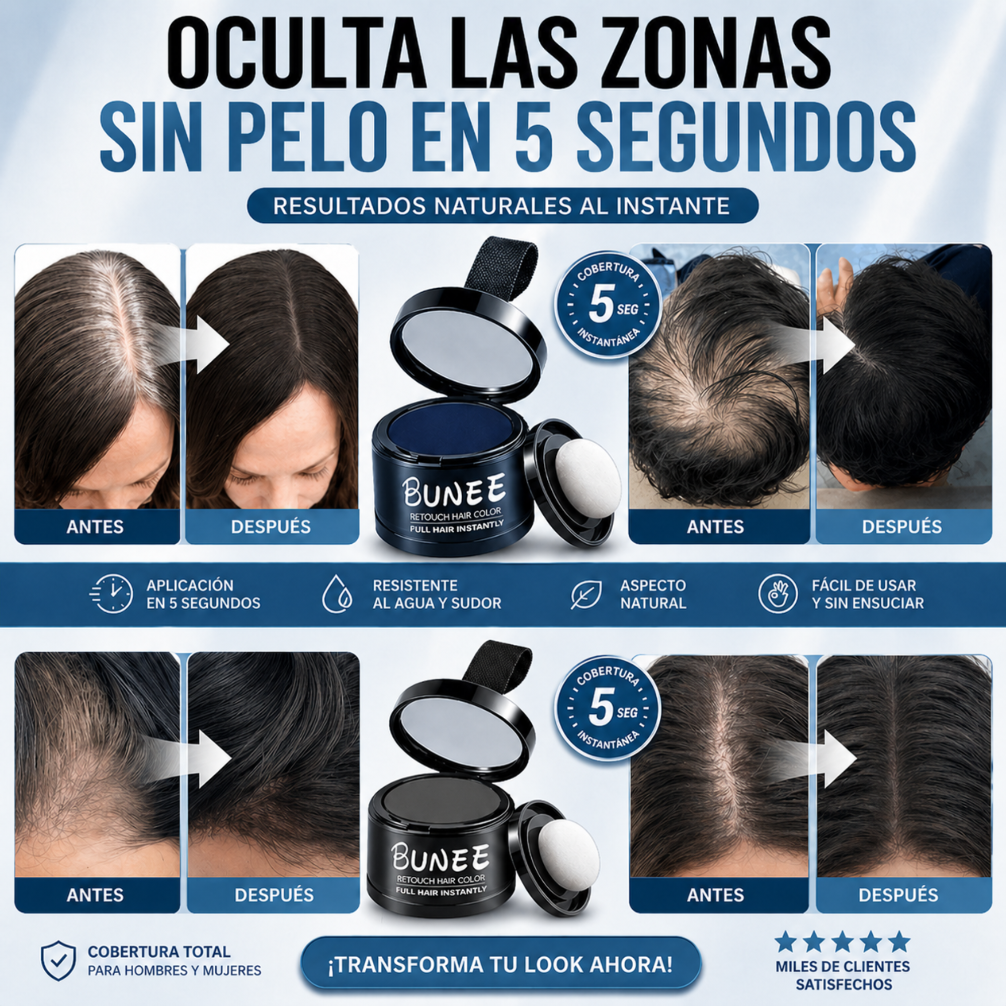 Polvo voluminizador corrector para el cabello, barba, cejas