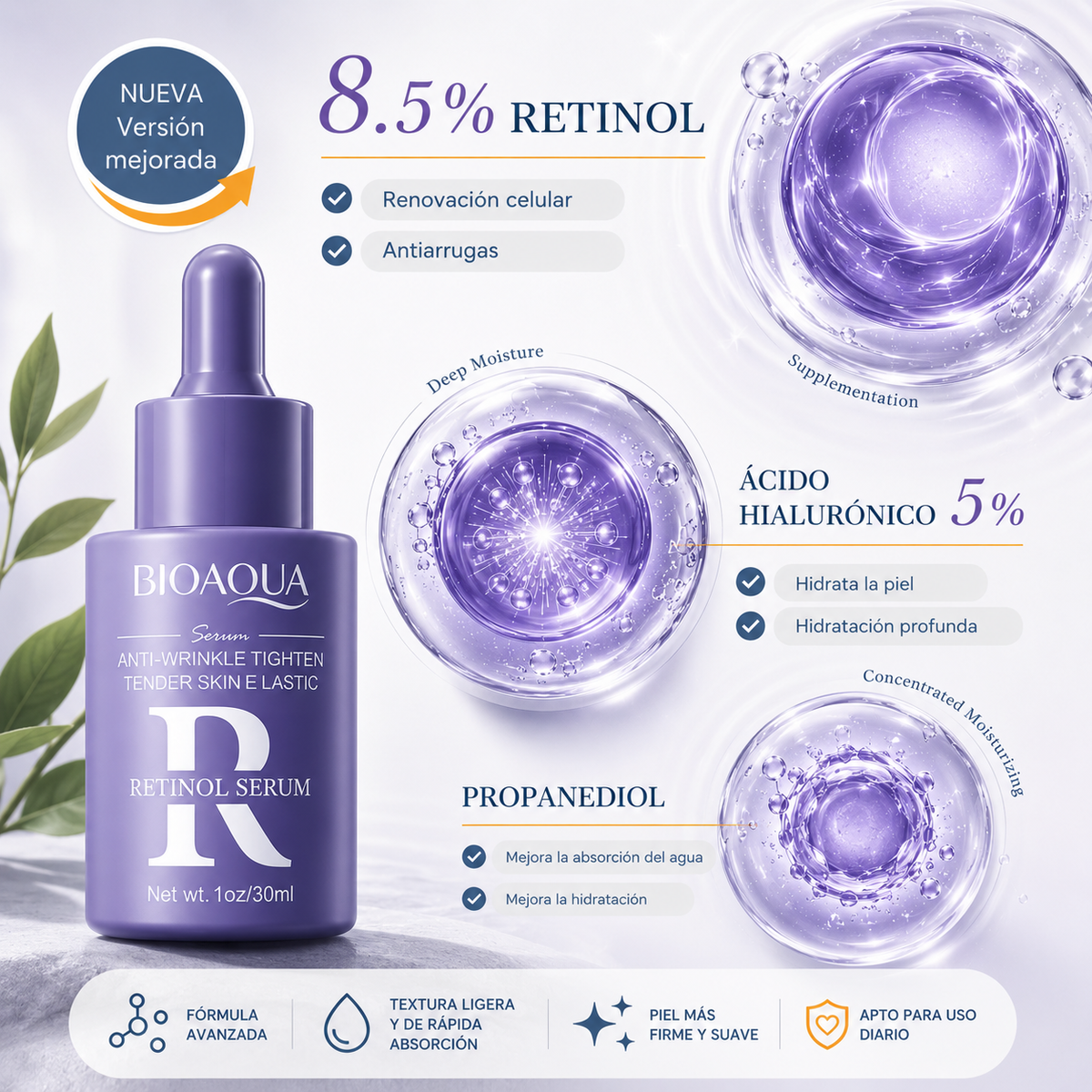 Sérum Facial con Retinol y Ácido Hialurónico