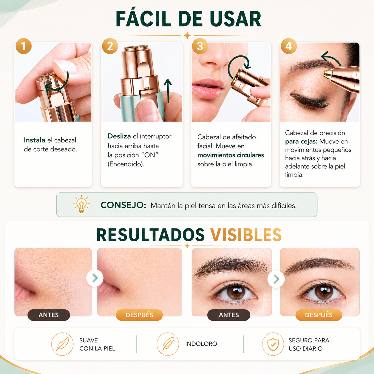 Recortador facial de cejas: 2 en 1.