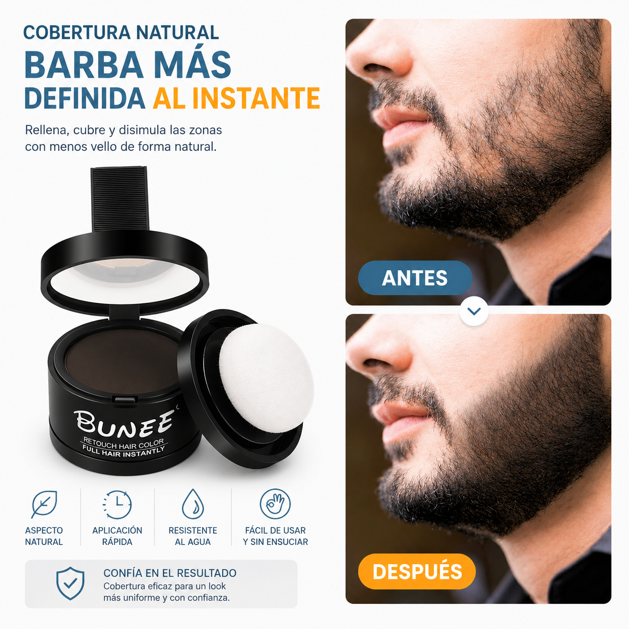 Polvo voluminizador corrector para el cabello, barba, cejas