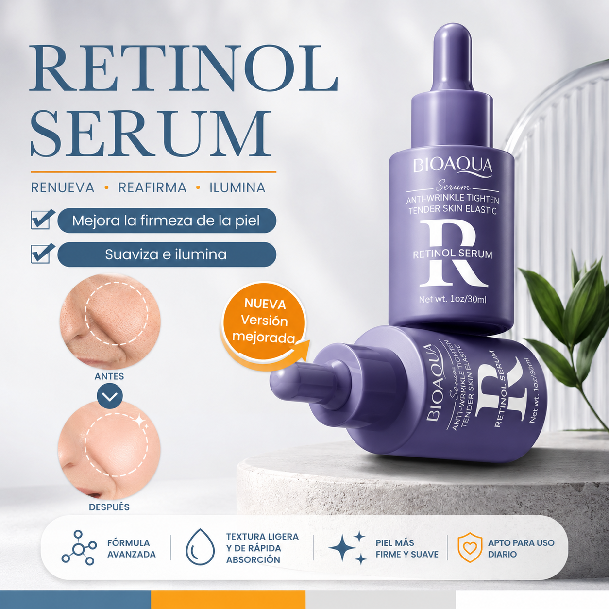 Sérum Facial con Retinol y Ácido Hialurónico
