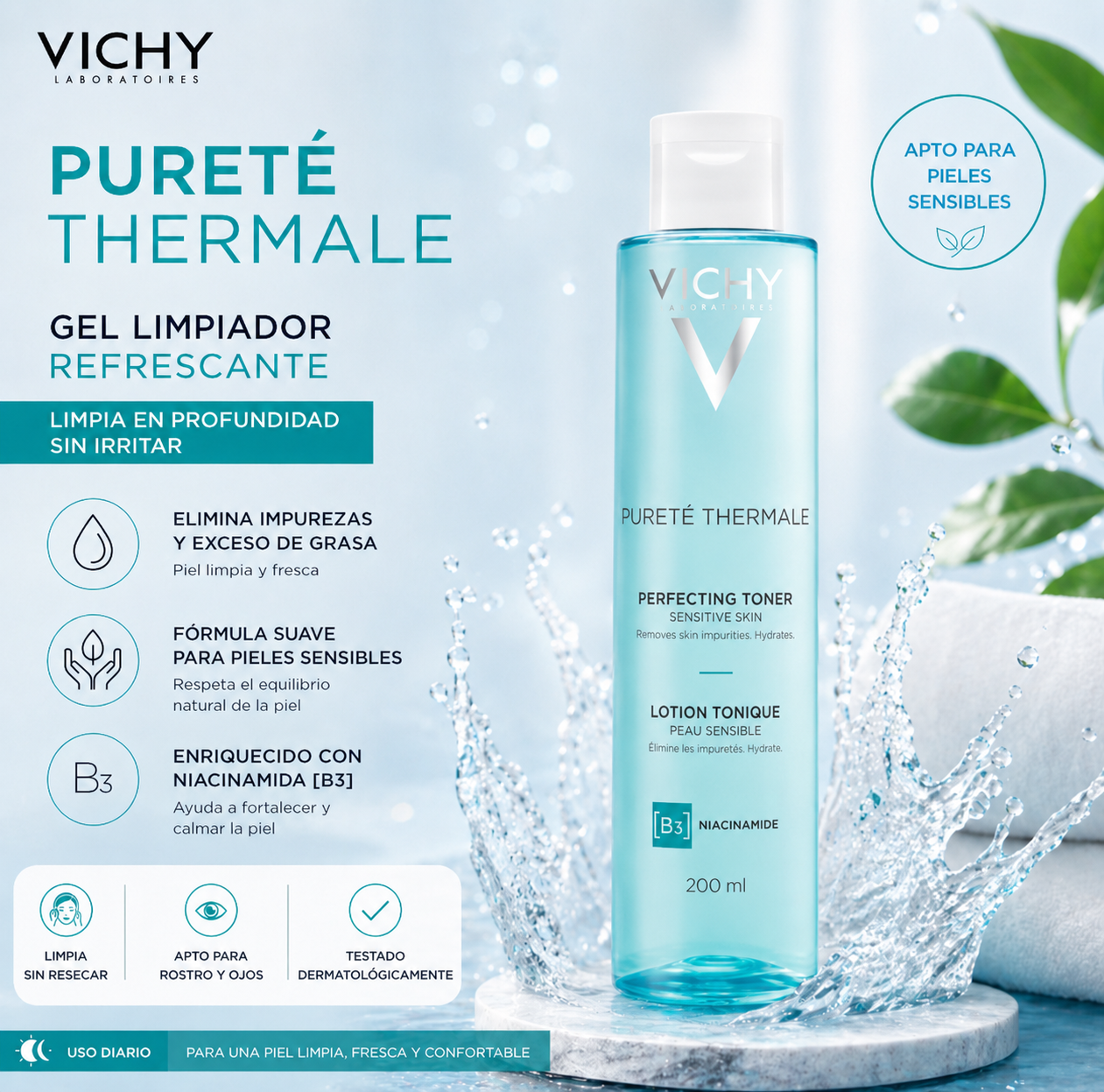 1. Vichy Gel Limpiador Refrescante, Elimina Impurezas y Purifica Intensamente, Enriquecido con Niacinamida, Para Pieles y Ojos Sensibles, Pureté Thermale