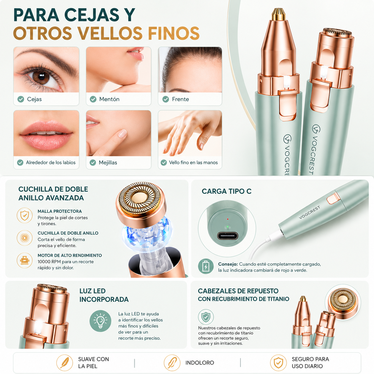 Recortador facial de cejas: 2 en 1.
